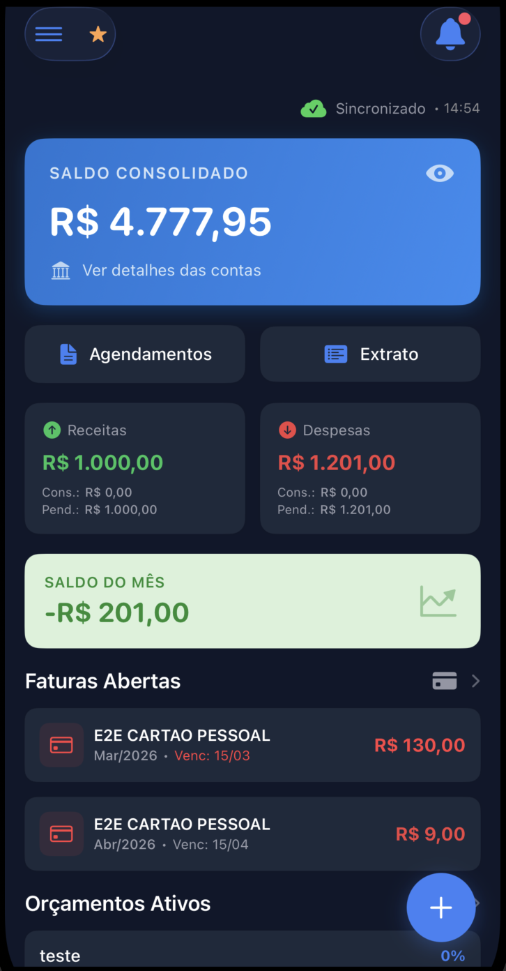 Dashboard MoneyZone - Saldo consolidado, receitas, despesas e gráficos