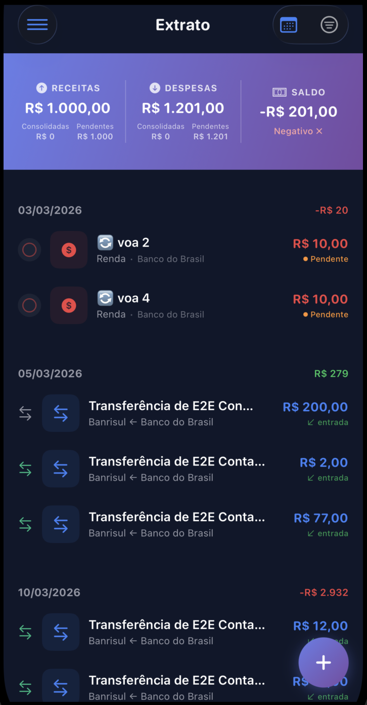 Extrato de transações MoneyZone - Receitas e despesas categorizadas