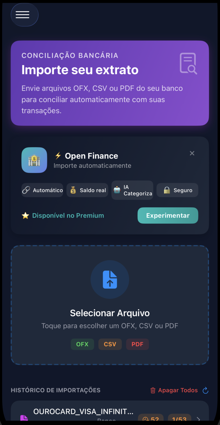 Importação de extratos OFX CSV PDF no MoneyZone