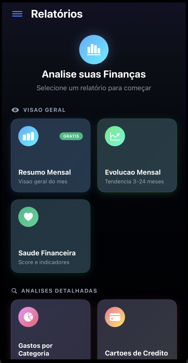 Relatórios financeiros MoneyZone - Resumo mensal, evolução e saúde financeira